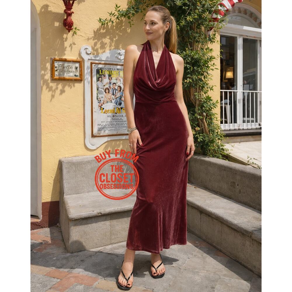 Zara NWT Raspberry Velvet Halter Open Back Maxi Dress M - Picture 9 of 16